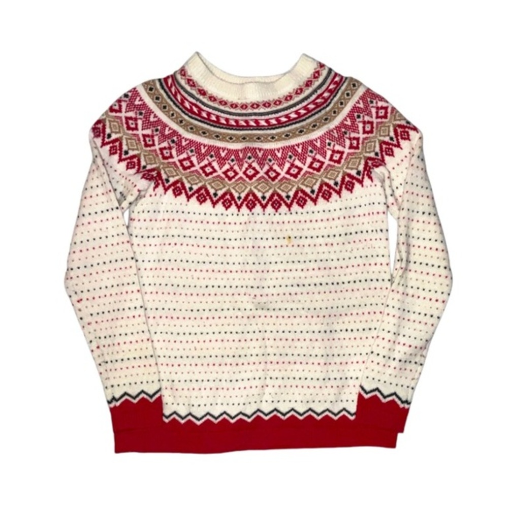 Talbots Petites Wool Blend Sweater Red And Cream Colors Nordic Fair isle Style